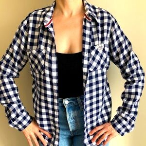 Tokyo Superdry Blue and White Gingham Check Boyfriend Long Sleeved Shirt M